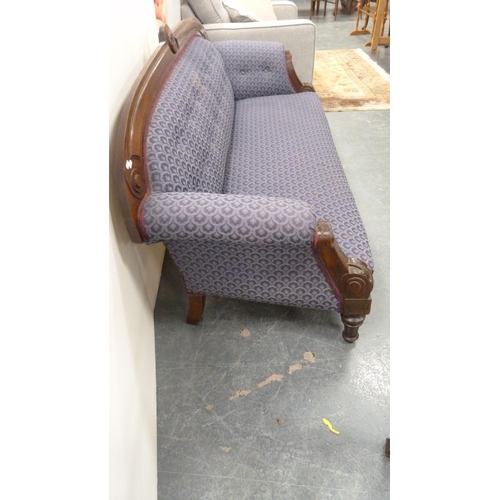 494 - Victorian mahogany-framed parlour sofa with scroll back and scroll arms, on turned and reeded suppor... 