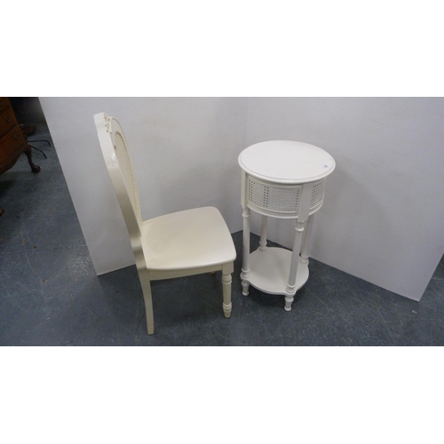 495 - Cream-painted bergère side table, on turned supports with understage, and a similar side chair.  (2)