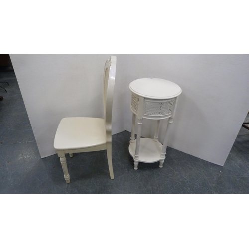 495 - Cream-painted bergère side table, on turned supports with understage, and a similar side chair.  (2)