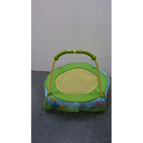 498 - Child's bouncer chair, baby walker, mini trampoline and a Moses basket on stand.