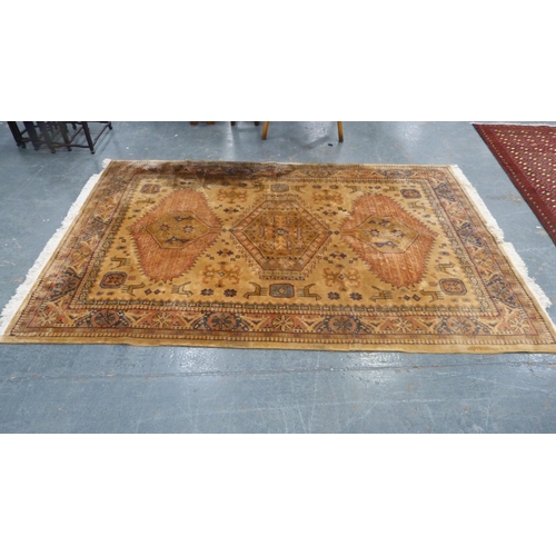 515 - Tabriz style beige ground hand knotted rug decorated with animals, 280cm x 180cm.