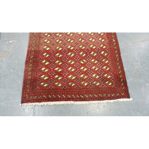 516 - Turkoman-style red ground rug decorated with six rows of guls, 193cm x 103cm.