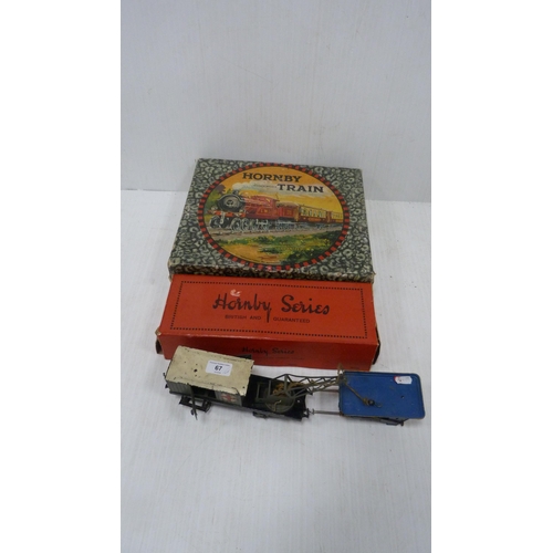 67 - Part Hornby No. 9 O gauge clockwork passenger train set, boxed, also a crane, boxed Hornby O gauge c... 