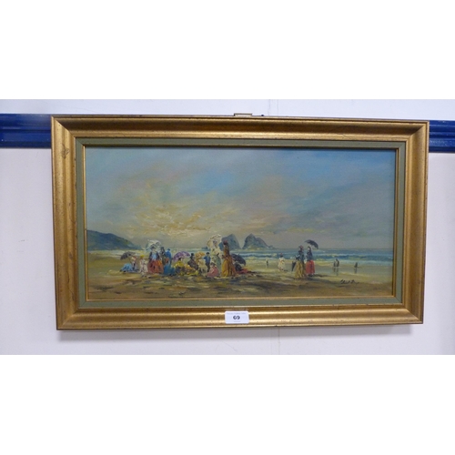 69 - Antique beach scene with figures, signed indistinctly, oil on canvas.