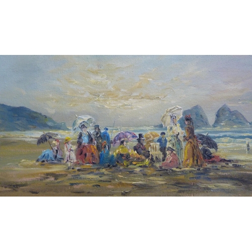 69 - Antique beach scene with figures, signed indistinctly, oil on canvas.