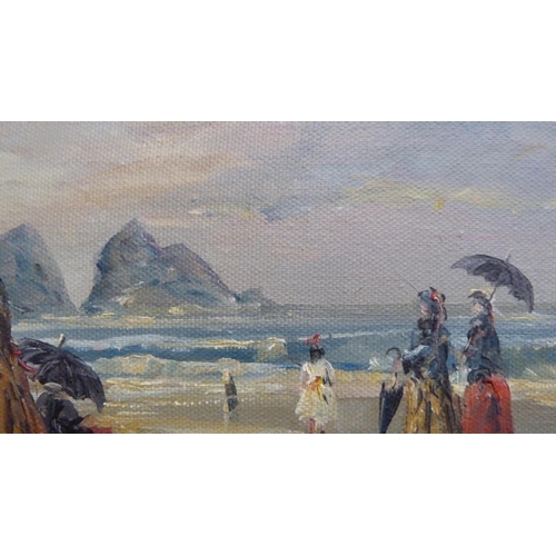 69 - Antique beach scene with figures, signed indistinctly, oil on canvas.