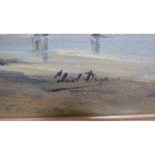 69 - Antique beach scene with figures, signed indistinctly, oil on canvas.