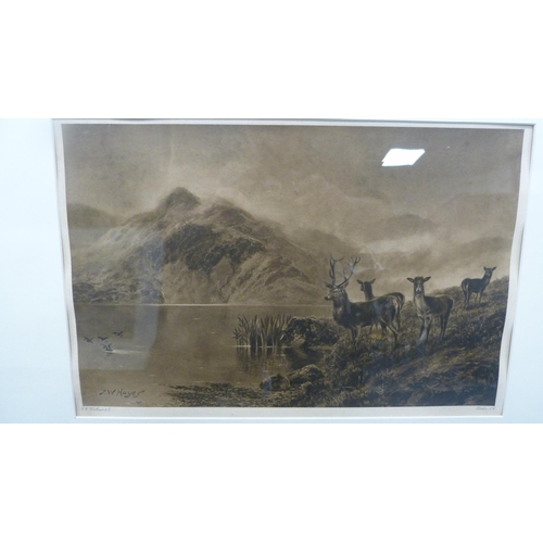 81 - After FW HayesHighland scene with stags and deer in a mountainous landscape, and another print of Hi... 