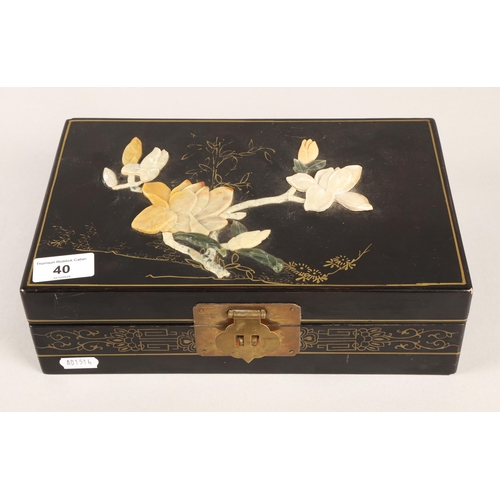 40 - Oriental lacquered jewellery box inlaid with soapstone, 28cm x 18cm