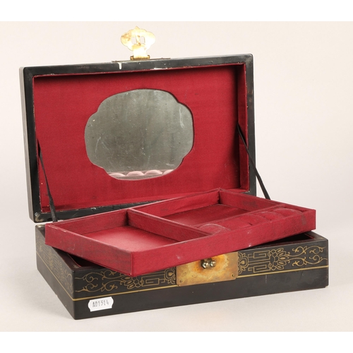 40 - Oriental lacquered jewellery box inlaid with soapstone, 28cm x 18cm