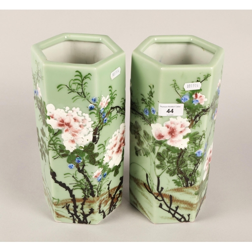 44 - Pair of famille vert six-sided floral vases 30cm h