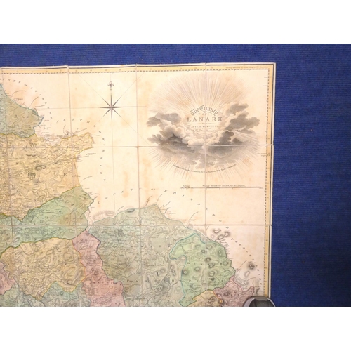 100 - FORREST WILLIAM.  The County of Lanarkshire. Large eng. hand col. fldg. map. Eng. sunburst title vig... 