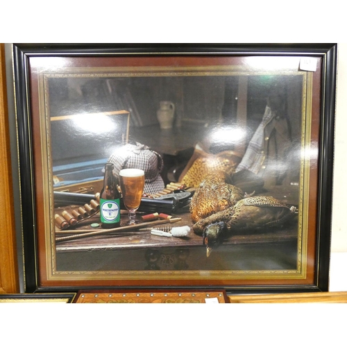 141 - Angling, etc.  Three modern fishing flies, framed, sporting prints & other items. ... 