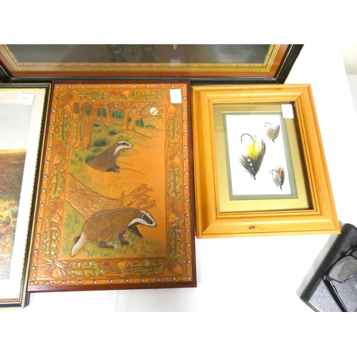 141 - Angling, etc.  Three modern fishing flies, framed, sporting prints & other items. ... 