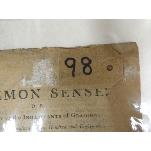 98 - MENNONS Mr (JOHN) (Pubs). Common Sense or Letters to the Inhabitants of Glasgow. Broadsheet, single ... 