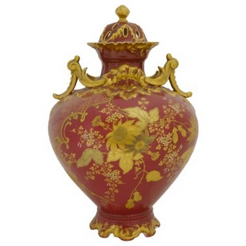 Limoges by M Redon gilt and rouge decorated twin-handled vase and cover.