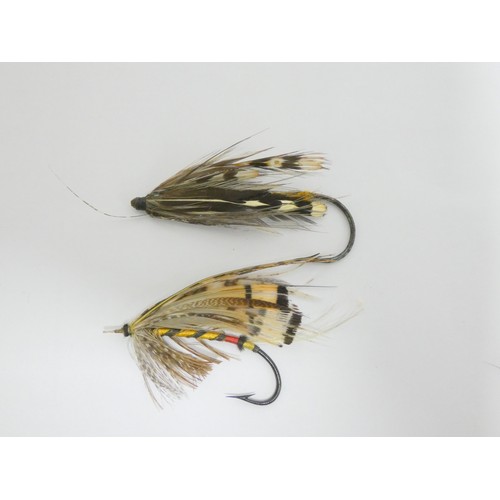 386 - Salmon Flies.  Ebonised glazed case of approximately 115 vintage salmon flies, in two sizes, many wi... 