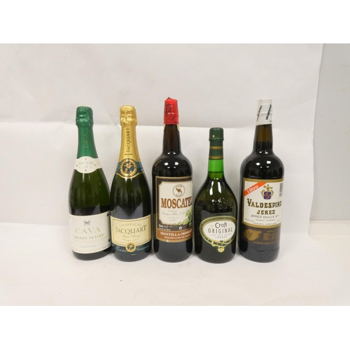 1A - Selection of mixed alcohol to include Jacquart champagne 75cl 12.5% ABV, Moscatel 15% ABV 1L, Cava 7... 