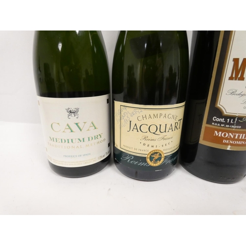 1A - Selection of mixed alcohol to include Jacquart champagne 75cl 12.5% ABV, Moscatel 15% ABV 1L, Cava 7... 