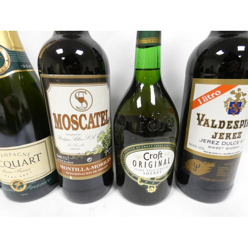 1A - Selection of mixed alcohol to include Jacquart champagne 75cl 12.5% ABV, Moscatel 15% ABV 1L, Cava 7... 