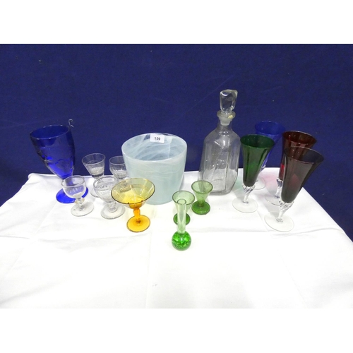 159 - Large box of vintage glassware including decanter, Eco glass, coloured glass etc