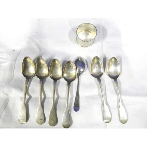 168 - Small bag of scrap silver spoons and napkin ring 122g.