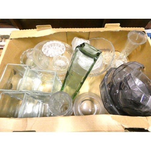 184 - Box of vintage glassware to include vases etc.