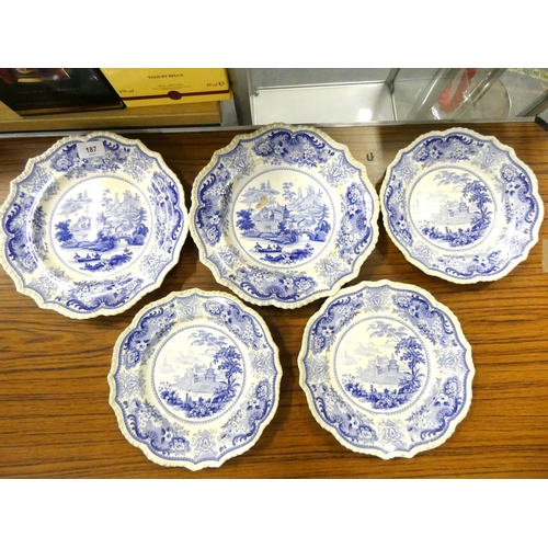 187 - Five opaque china Chinese scenery blue and white plates and three others.