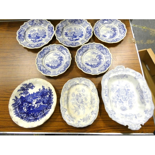 187 - Five opaque china Chinese scenery blue and white plates and three others.