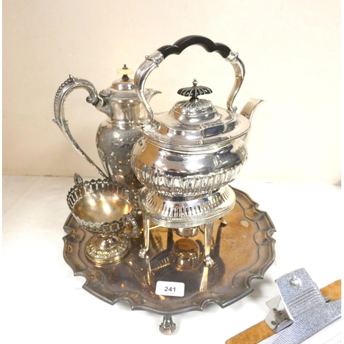 241 - Epns circular tray, a Georgian style, tea kettle, a hot water jug and a bowl.