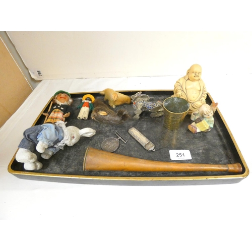 251 - Tray of various to include Steiff hedgehog, Buddha, medal, horn etc.