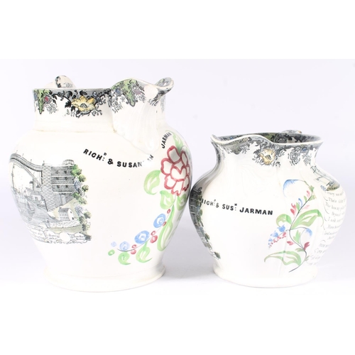 19 - Graduated pair of pearlware pottery jugs, early 19th century, with transfer printed scenes depicting... 