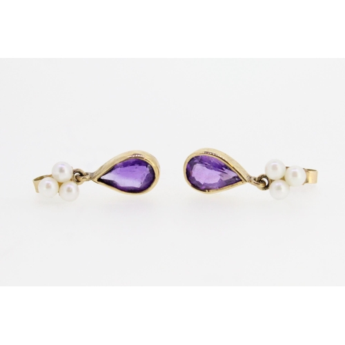 688 - Pair of 9ct gold seed pearl and amethyst pendant earrings, 2.7g gross.