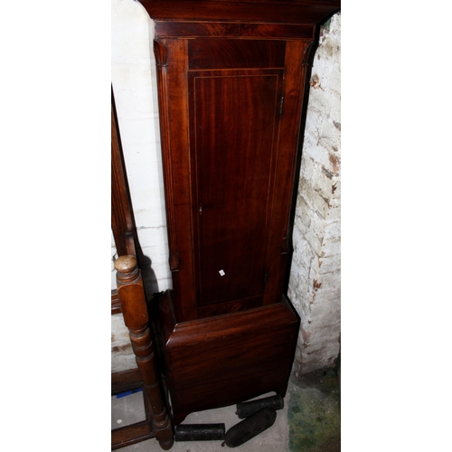 877 - Antique mahogany and inlaid grandfather clock with floral painted face, 215cm.