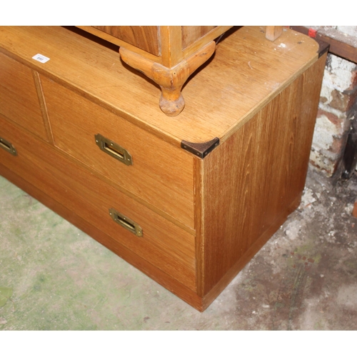 890 - Campaign style chest of two short over one long drawer with metal bindings, 97cm wide x 56cm tall.