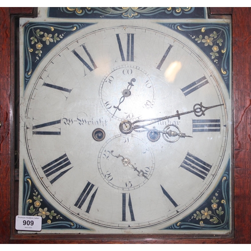 909 - Oak cased grandfatherclock with hand painted face, Wright of Dunbar.