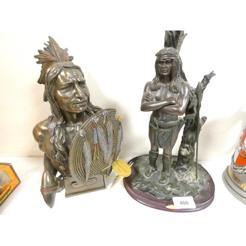 406 - Two large Red Indian figures to  include Sioux Warrior ready for war. 30cm