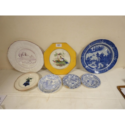 517 - 18th century blue and white plate, two Spode china small plates, a lustre plate etc