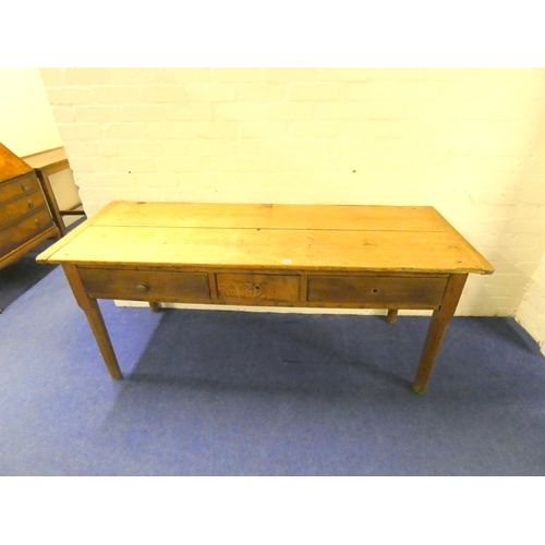 522 - Antique pine plank top kitchen table fitted three drawers. 168cm