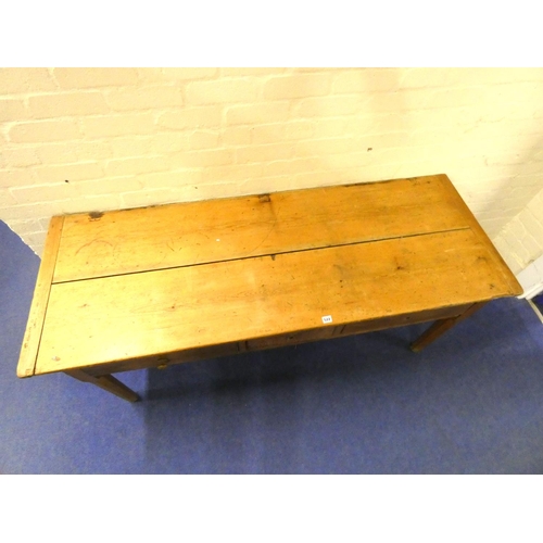 522 - Antique pine plank top kitchen table fitted three drawers. 168cm