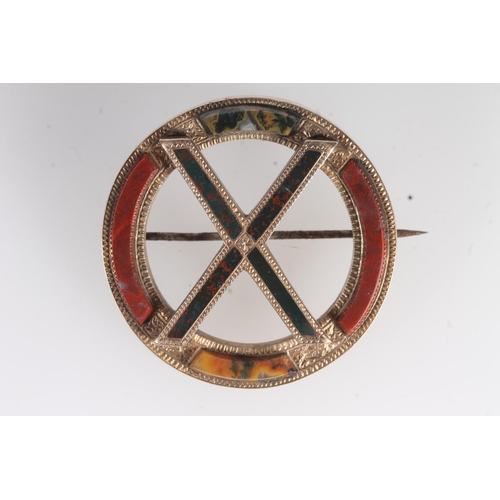 702 - Yellow metal Scottish stone set brooch with bloodstone agate cross.