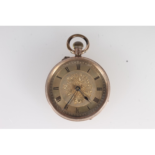 703 - 9ct yellow gold antique fob watch, the dial with roman numeral chapter ring, 23.8g.