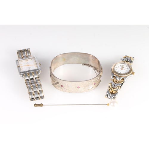 711 - Silver pink stone set ladies snap shut bangle, 41g, two dress watches and a hat pin.