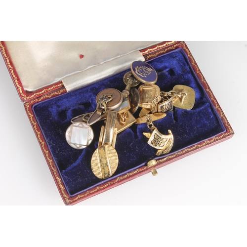 713 - Vintage cufflinks in an antique tooled leather jewellery box.