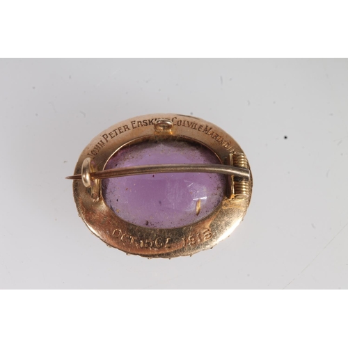 716 - Antique gold pearl and faceted amethyst set small brooch, 3.7g.