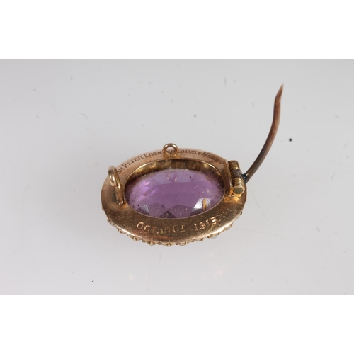 716 - Antique gold pearl and faceted amethyst set small brooch, 3.7g.