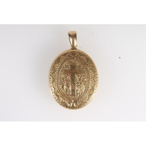 730 - Gold Victorian mourning locket with floral decoration and cross, 11.9g.