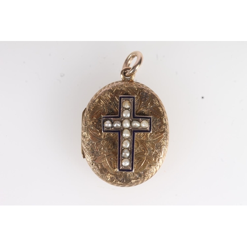 732 - Antique gold pearl set cross oval mourning locket, 10.6g.