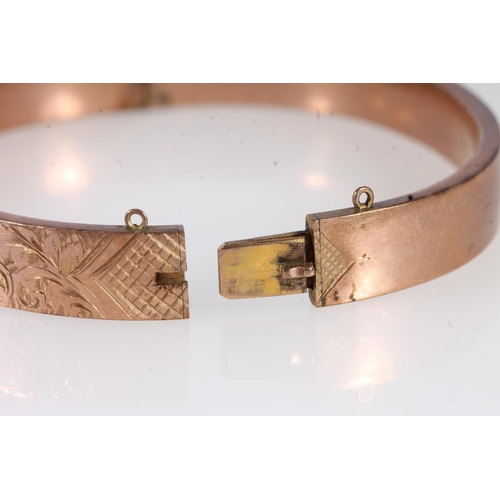 736 - Victorian 9ct gold floral decorated snap shut bangle, 11.8g.