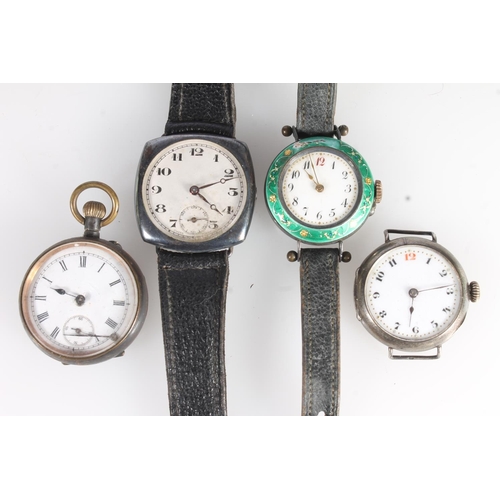 751 - Four silver cased watches to include an enamelled silver watch, a silver military wristwatch, etc.  ... 